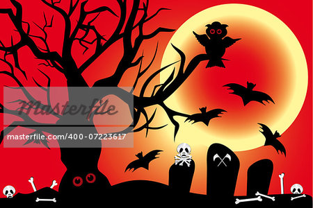 Illustration for Halloween-night with owl, bats under the blood-moon and cemetery shows bones and skulls