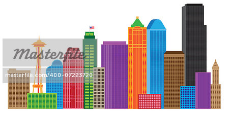 Seattle Washington Downtown City Skyline in Colors Isolated on White Background Illustration