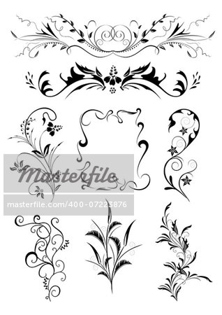 Illustration of abstract floral ornament set in black colours
