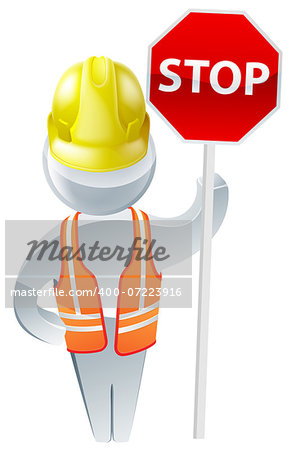 Stop sign workman wearing a yellow hard hat and high visibility jacket safety gear