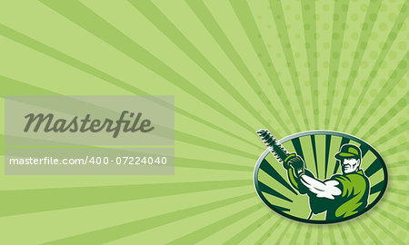 Business card template showing illustration of male gardener landscaper horticulturist with hedge trimmer facing front done in retro style.