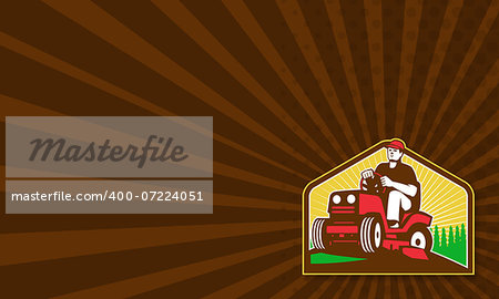 Business card template showing illustration of retro style male gardener riding ride on lawn mower done in retro style.