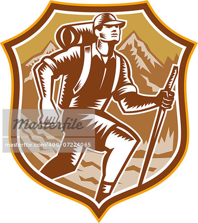 Illustration of a male hiker hiking walking holding staff with river and mountains in background set inside shield crest done in retro woodcut style.