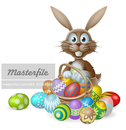 An Easter bunny rabbit with a basket of decorated painted chocolate Easter eggs