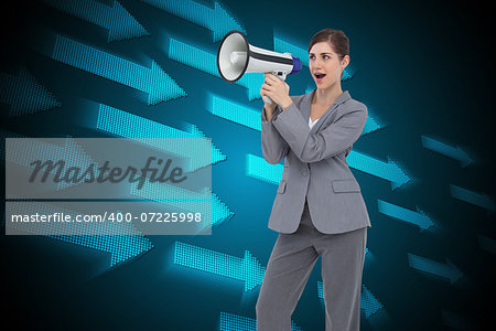 Composite image of businesswoman with loudspeaker