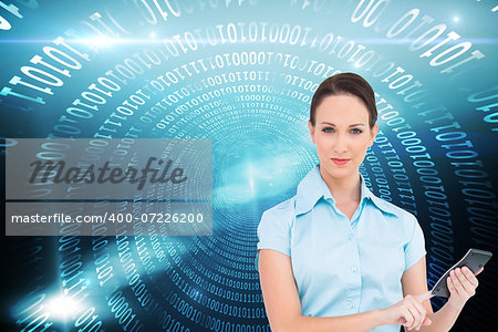 Composite image of serious classy businesswoman using calculator