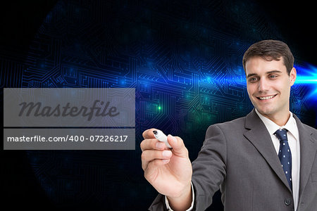 Composite image of young businessman writing something