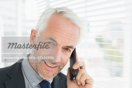 Close-up portrait of a smiling mature businessman using cellphone in office