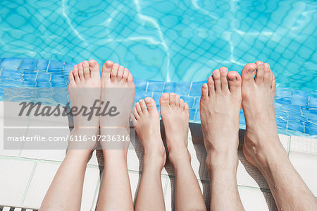 Close up of three people's legs by the pool side