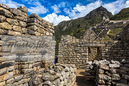 Close-up of stone walls and ruins, Machu Picchu, Peru