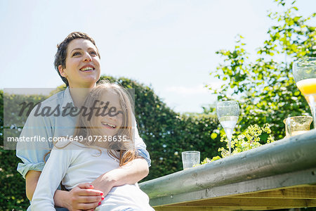 Mother and daughter outside, low angle