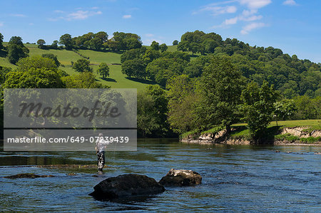 Man fishing in River Wye, Herefordshire, England, UK