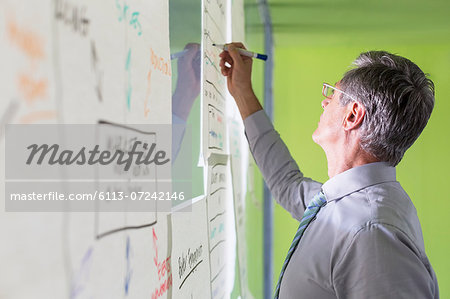 Businessman writing flower chart on office wall