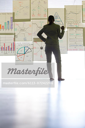 Businesswoman viewing charts and graphs on office wall Businesswoman viewing charts and graphs on office wall