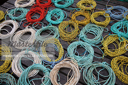 Coils of fishing rope on dock Coils of fishing rope on dock