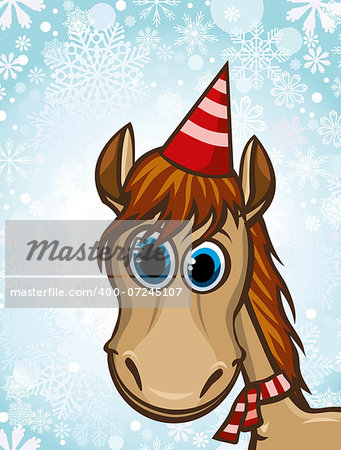 Funny cartoon horse with hat and scarf on a winter background.