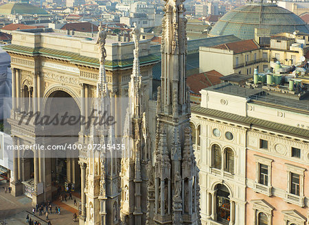 spires  of Duomo and Galleria Vittorio Emanuele II, Milan, Italy