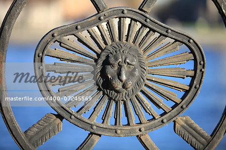 the old cast iron barelef lion head on a background of water close to.