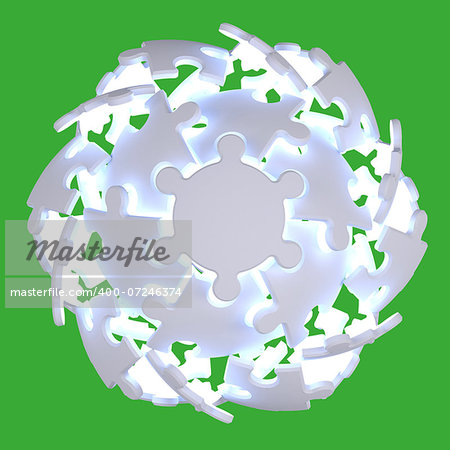 Sphere consisting of puzzles. 3d render isolated on green background