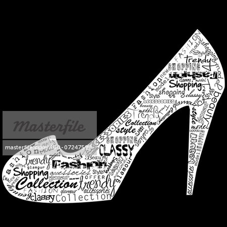 Shoe with fashion shopping messages over black background