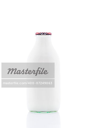 A full bottle of milk photographed on a white background