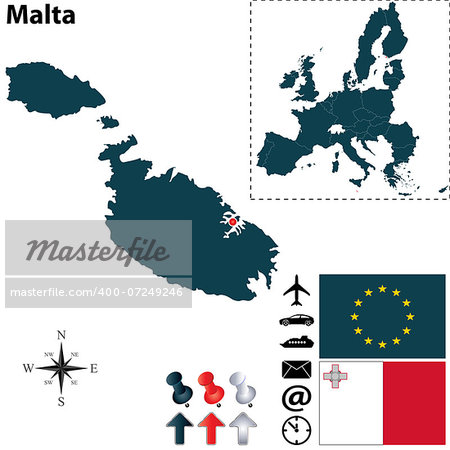 Vector set of Malta country shape with flags, icons isolated and European Union