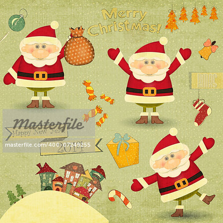Retro Merry Christmas and New Years Card with Santa Claus and Christmas Houses on a Vintage background. Vector illustration.