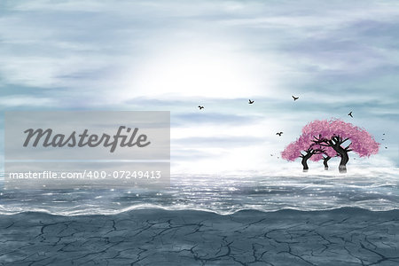 Fantasy landscape in blue and gray colors. A water in a desert, and flowering trees. Digital art.