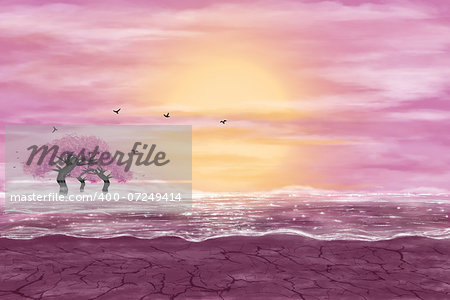 Fantasy landscape in yellow and pink colors. A water in a desert, and flowering trees. Digital art.
