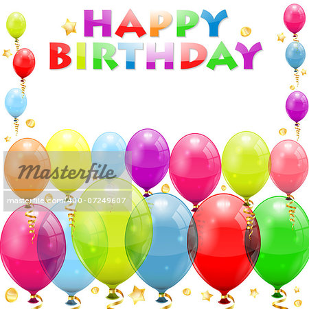 3D Transparent Birthday Balloons with Streamer, and confetti, easy change color, vector