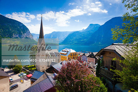 View of Hallstatt village with lake and Alps behind, Austria