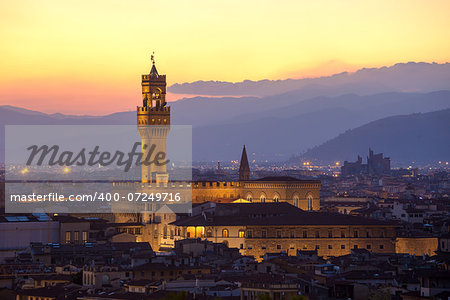 Sunset view of the Palazzo della Signoria tower, Florence, Italy