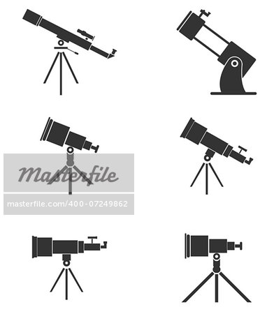 Set of six simple, black telescopes icons.