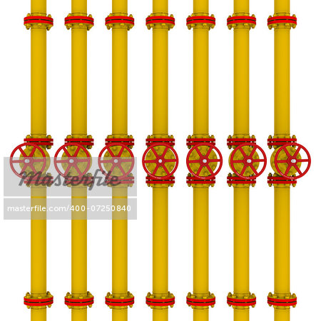 Yellow pipes and valves. Isolated render on a white background