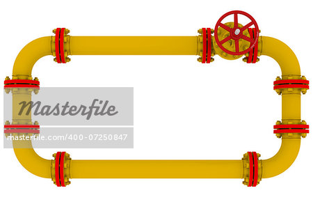 Banner of pipes and valves. Isolated render on a white background