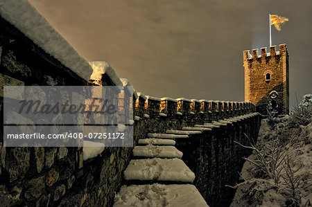 A stone fence and watchtower on one of the Kale - Skopje Macedonia A stone fence and watchtower on one of the Kale - Skopje Macedonia