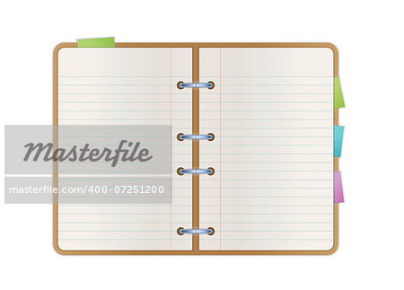 opened notebook with blank paper pages and color bookmarks