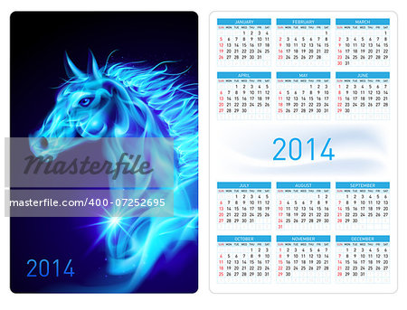 Calendar 2014 with beautiful blue fire horse image.