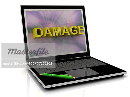 DAMAGE message on laptop screen in big letters. 3D illustration isolated on white background