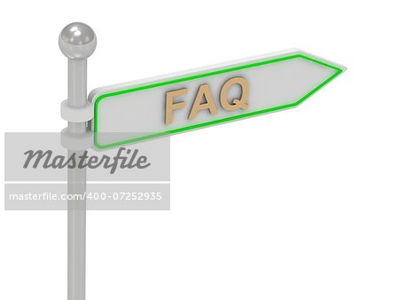 3d rendering of sign with gold "FAQ", Isolated on white background