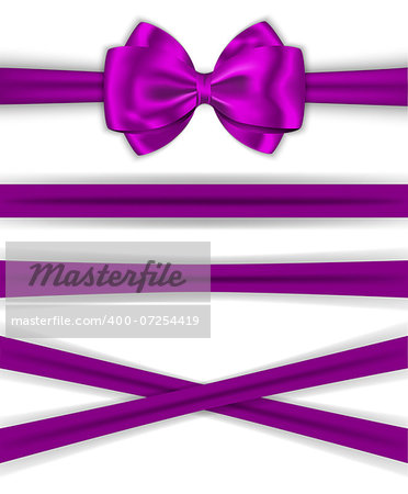 Violet ribbons with luxurious bow for decorating gifts and cards. Vector illustration