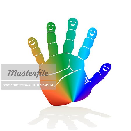 Hand of a child painted in the colors of the rainbow. The illustration on a white background.