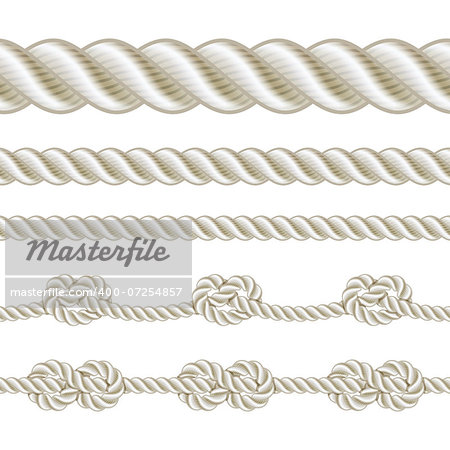 Seamless rope and rope with different knots. Vector illustration