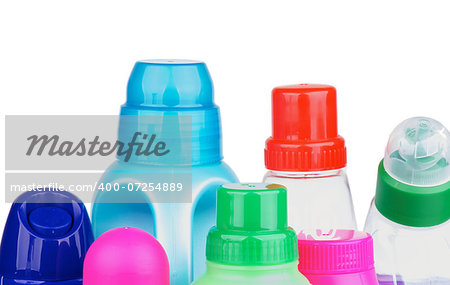 Various Covers of Cleaning Products In a Row isolated on white background