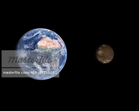 A rendered size comparison of the Jupiter Moon Callisto and Planet Earth on a clean black background.