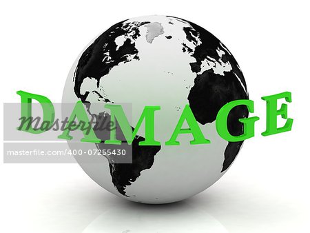 DAMAGE abstraction inscription around earth on a white background