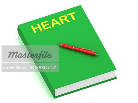 HEART inscription on cover book and red pen on the book. 3D illustration isolated on white background