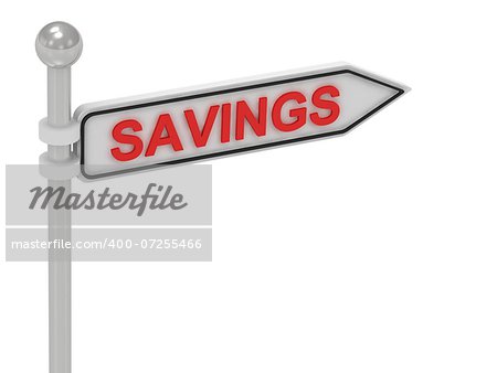 SAVINGS arrow sign with letters on isolated white background