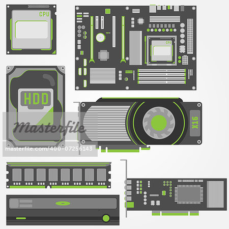 Simple and stylish icons for computer parts in green and gray colors.