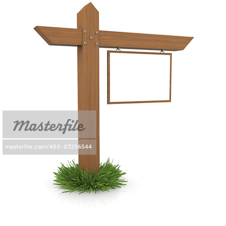 Wooden signboard in the grass. Isolated render on a white background